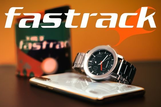 Fastrack wrist watch product photography showing stylish black watch and box